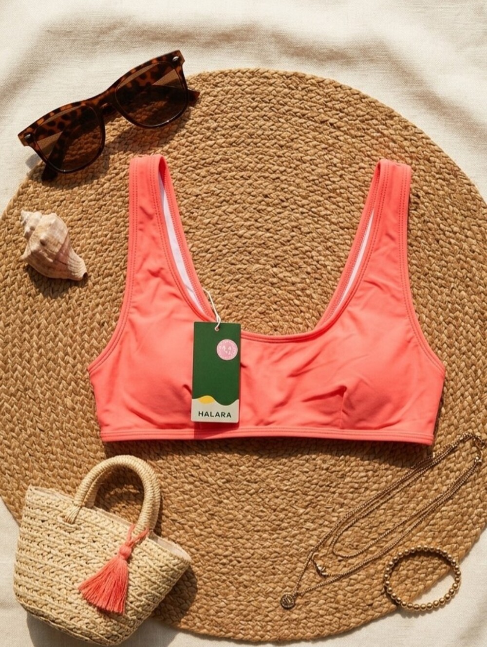 Halara Bikini Swim Top Large Bright Pink Neon Coral NWT Swimming Suit‎ Top